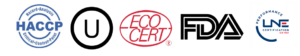 logo des certifications : haccp, union orthodoxe, Eco Cert, FDA, LNE